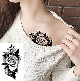 Siyah Gül Dövmesi Ense, Göğüs, Bilek, Kol, Bacak, Boyun, Sırt Geçici Dövme, Tattoo