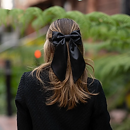 Ekstra Büyük Siyah Saten Lüx Fiyonk Toka - Otomatik Klipsli - Handmade