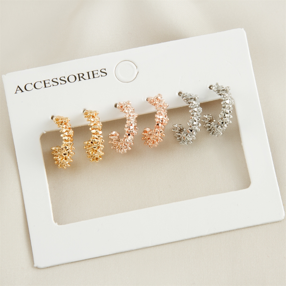 3 Çift Gold, Rose, Gümüş Yıldız Tozu Küpe Seti