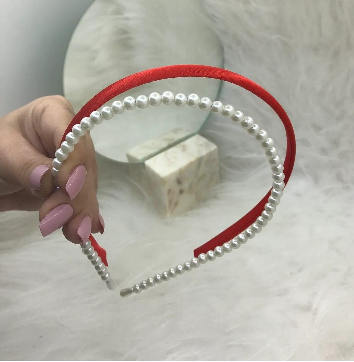 Kırmızı İnce Saten Taç ve İnci Taç  - 2' Li Taç Seti