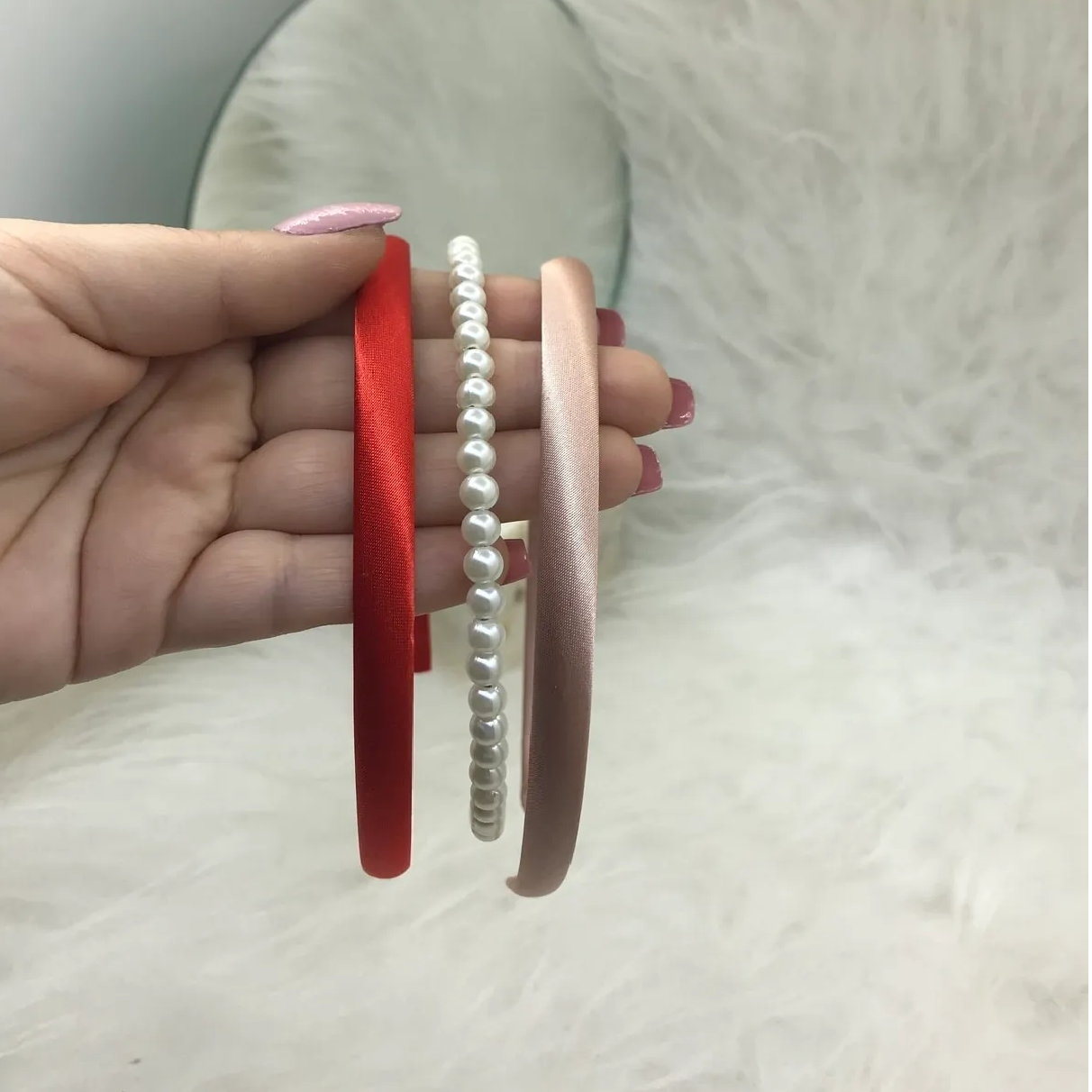 Kırmızı Saten Taç, Pudra Saten Taç ve İncili Taç  - 3' Lü Taç Seti