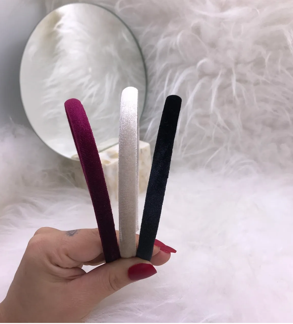 Bordo Kadife Taç,  Krem Kadife Taç ve Siyah Kadife Taç - 3'Lü İnce Kadife Taç Seti