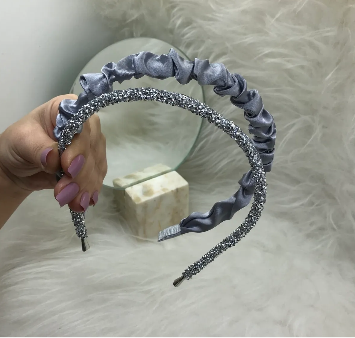 Gri Saten Büzgülü Taç ve Işıltılı Taç Seti - 2' Li Taç Seti