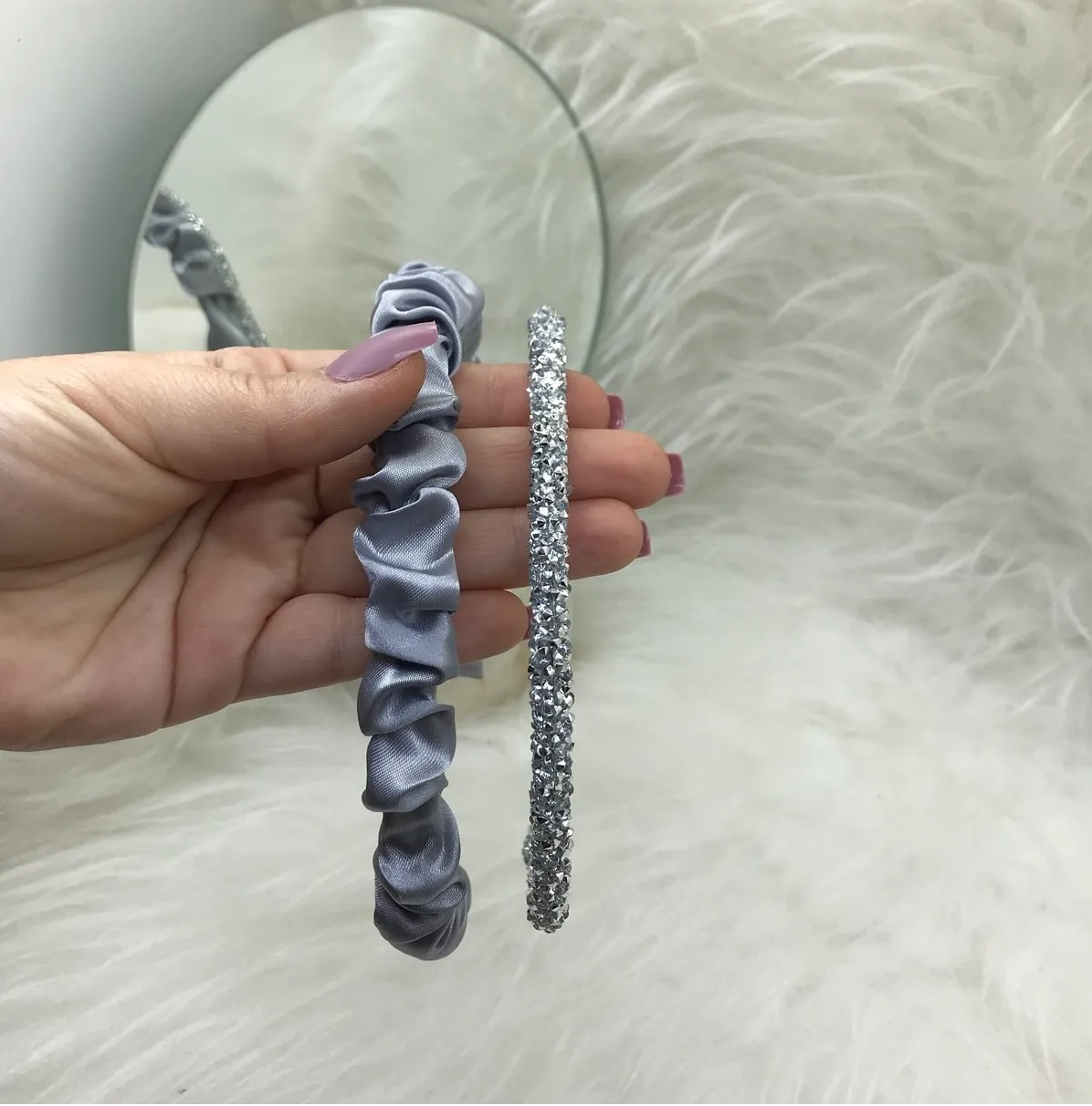 Gri Saten Büzgülü Taç ve Işıltılı Taç Seti - 2' Li Taç Seti