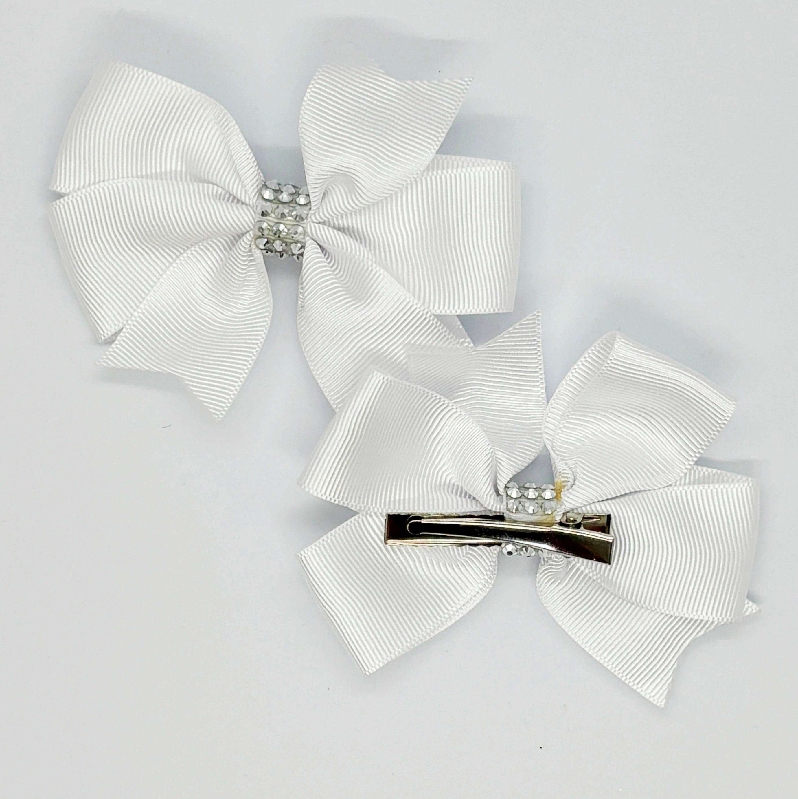 Saf Beyaz Taş Detaylı Klipsli Saten Kurdele Bebek ve Çocuk Tokası - 2 Adet