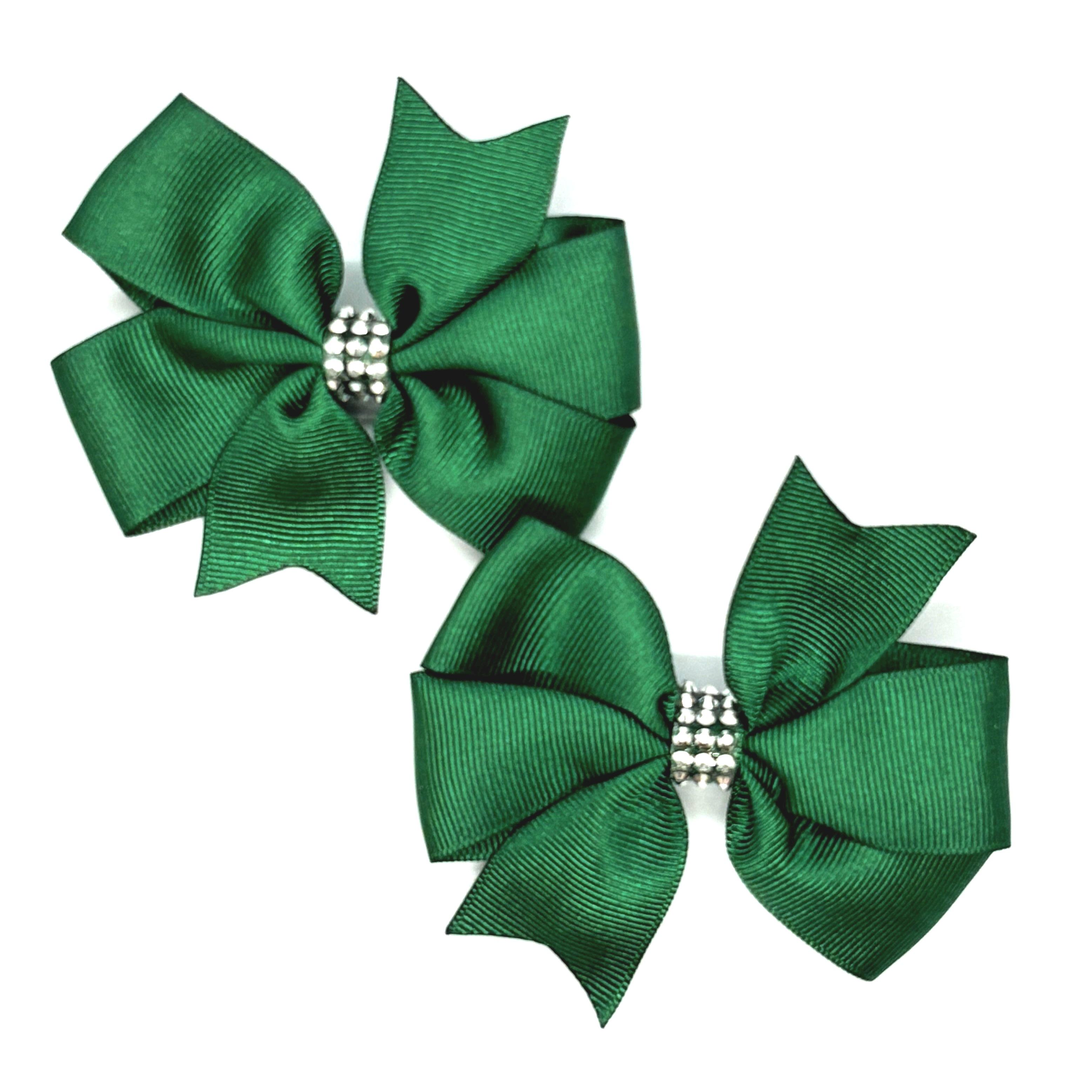 Zümrüt Yeşili Taş Detaylı Klipsli Saten Kurdele Bebek ve Çocuk Tokası - 2 Adet