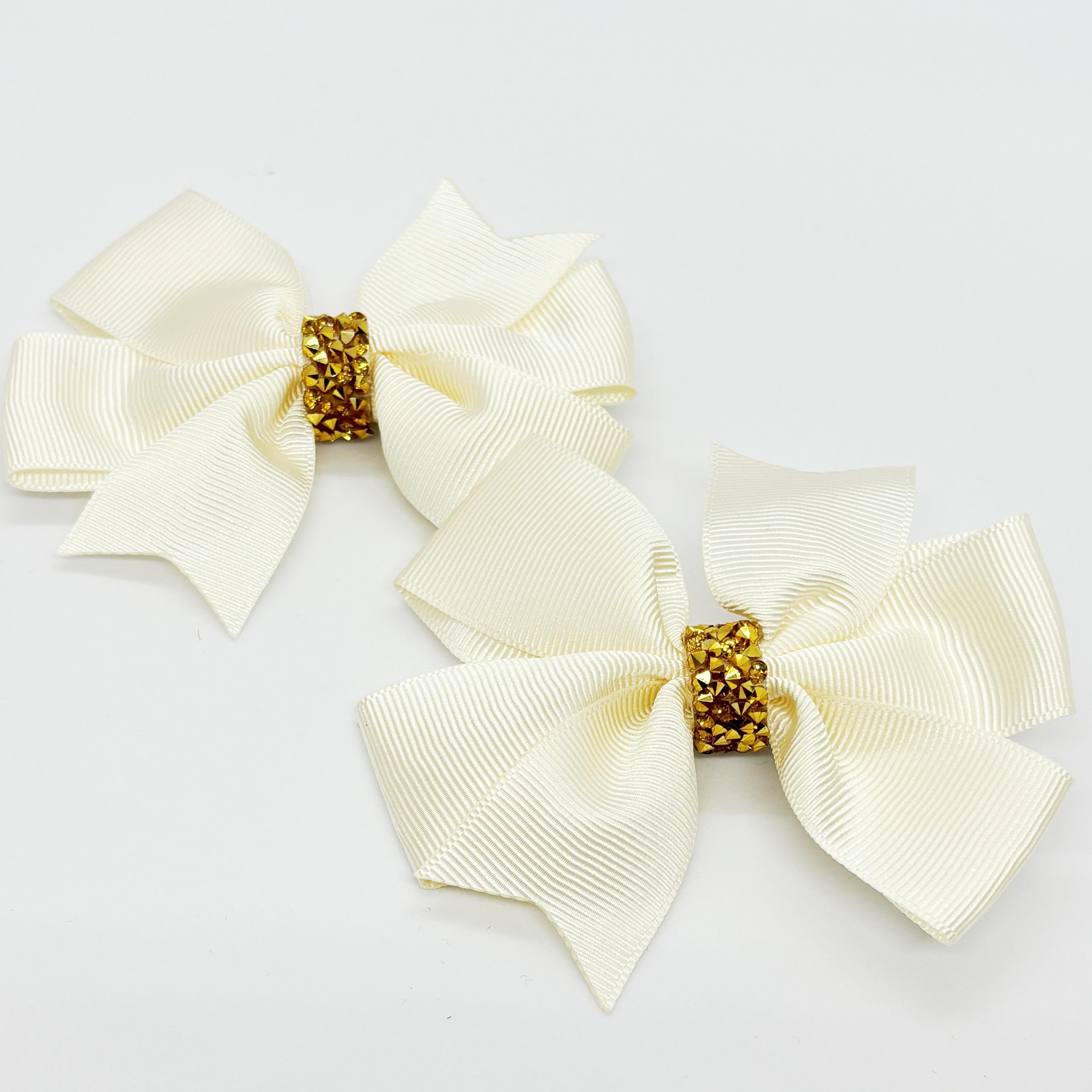Krem Gold Taş Detaylı Klipsli Saten Kurdele Bebek ve Çocuk Tokası - 2 Adet