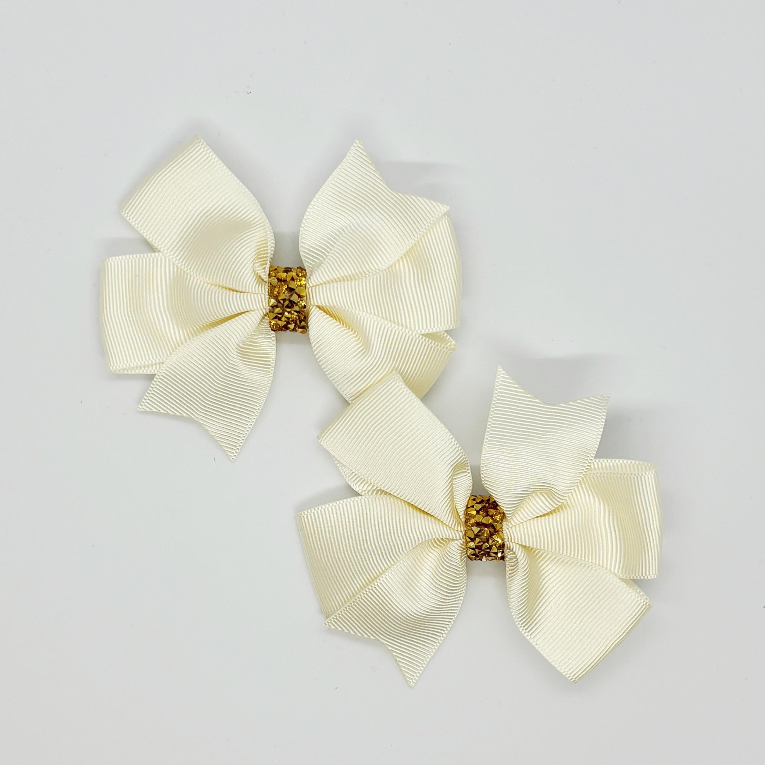 Krem Gold Taş Detaylı Klipsli Saten Kurdele Bebek ve Çocuk Tokası - 2 Adet