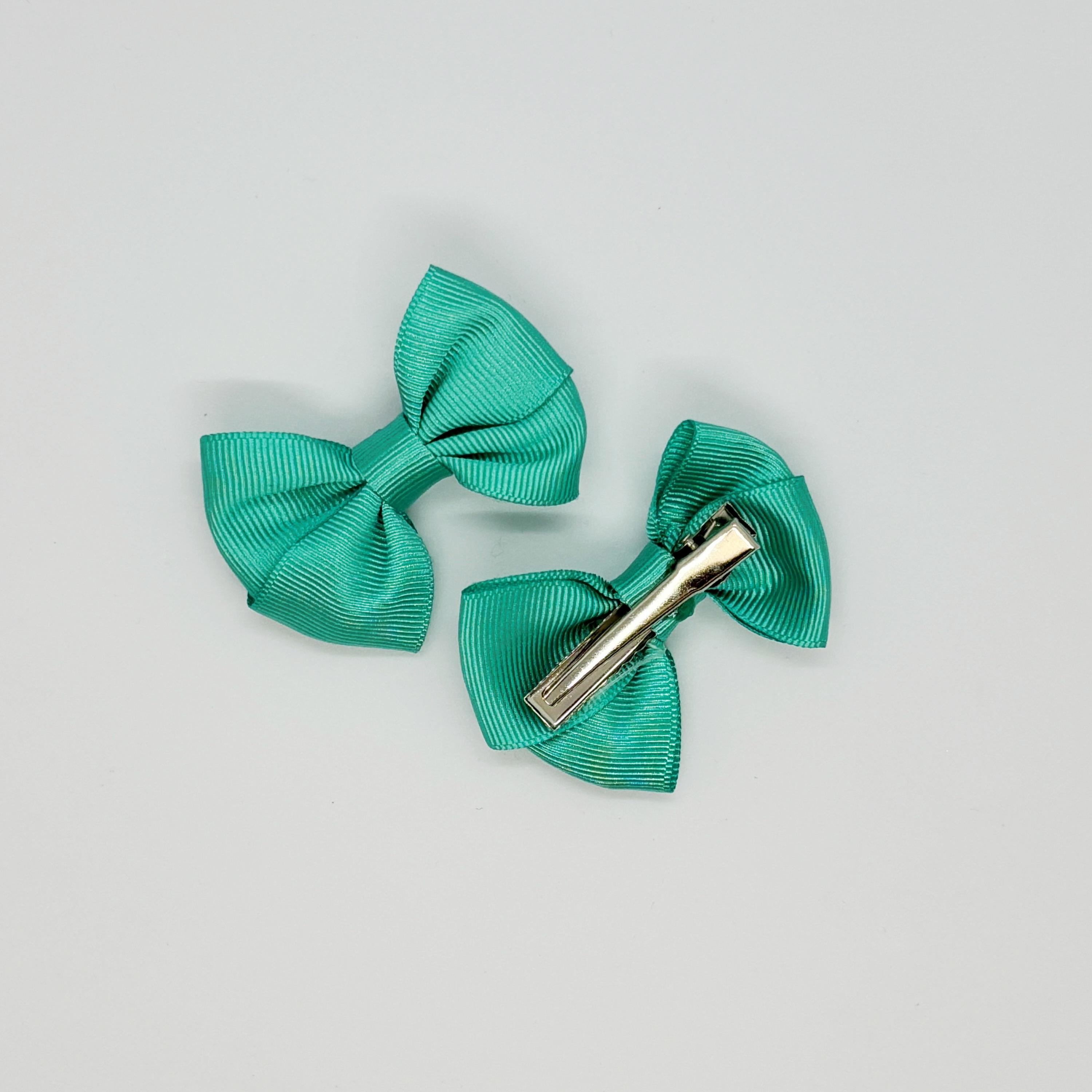 Koyu Yeşil Saten Klipsli Mini Bebek ve Çocuk Yan Toka Seti - 2'Li