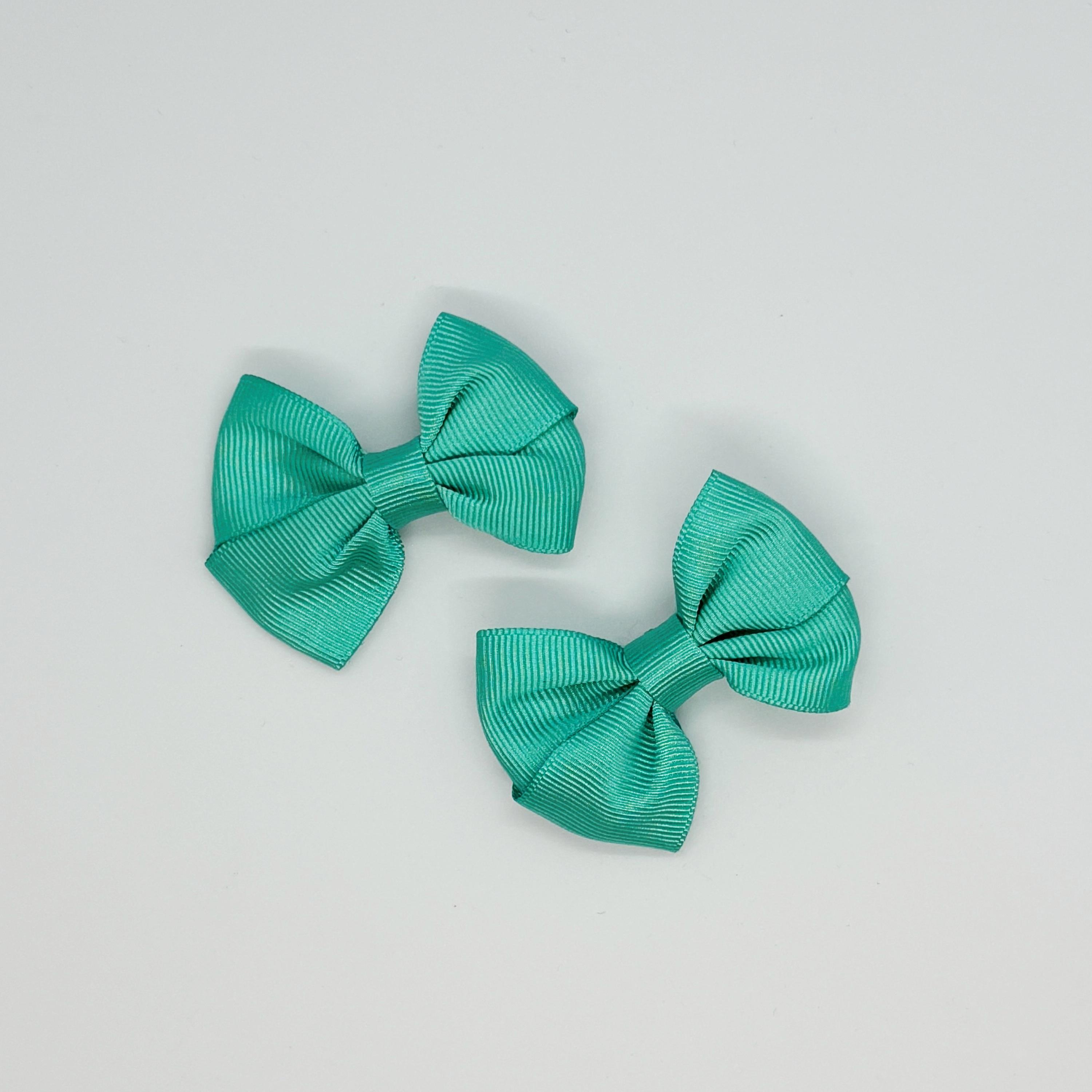 Koyu Yeşil Saten Klipsli Mini Bebek ve Çocuk Yan Toka Seti - 2'Li