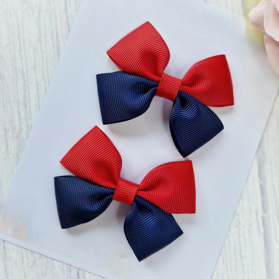 Lacivert Kırmızı Çift Renkli Klipsli Çocuk Tokası, Okul Tokaları, 2 Adet, Saç Fiyonkları