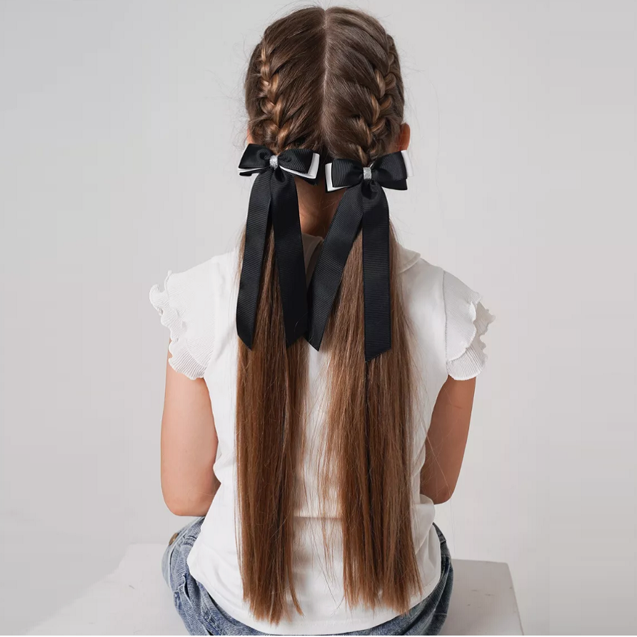 2 'Li Set Siyah Beyaz Gümüş Detaylı Kurdele Lastik Fiyonk Toka