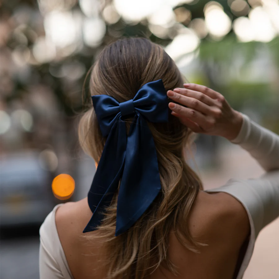 Ekstra Büyük Lacivert Saten Lüx Fiyonk Toka - Otomatik Klipsli - Handmade