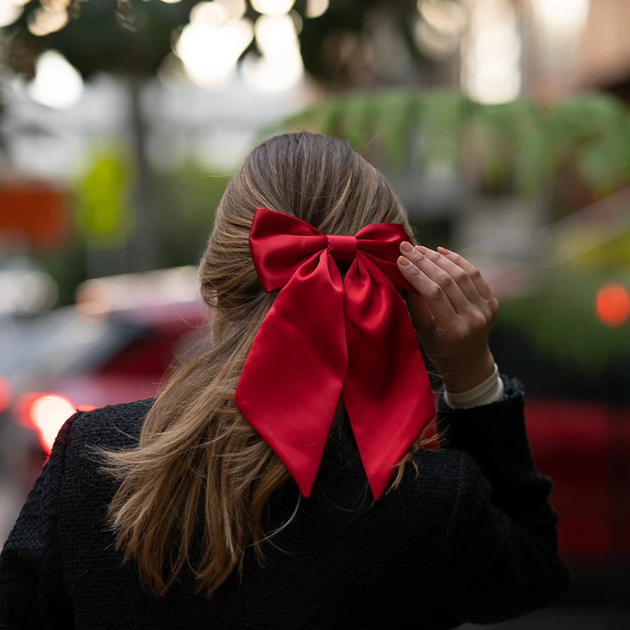 Ekstra Büyük Kırmızı Saten Lüx Fiyonk Toka - Otomatik Klipsli - Handmade