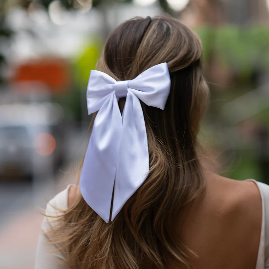Ekstra Büyük Beyaz Saten Lüx Fiyonk Toka - Otomatik Klipsli - Handmade