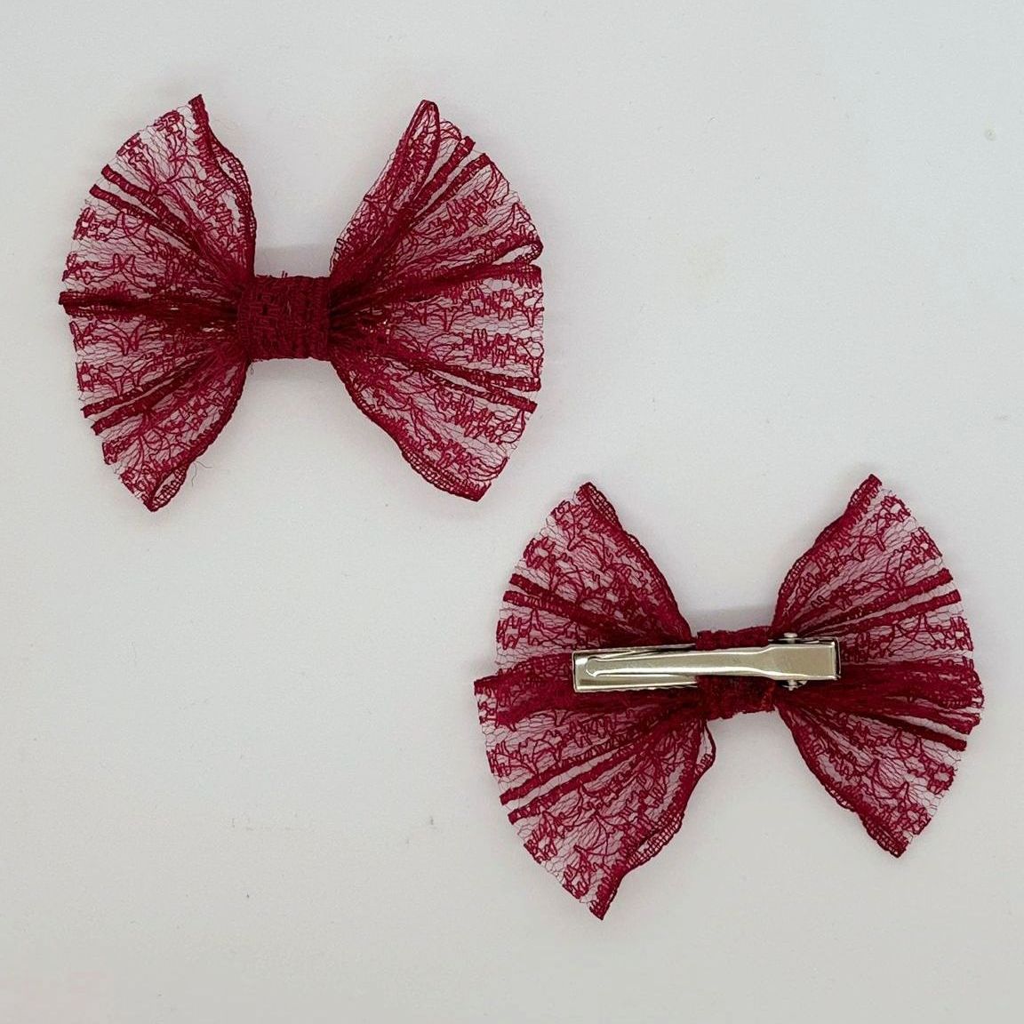 Dantel Serisi -  Bordo Klipsli Çocuk Fiyonk Toka, 2 Li Set, Dantel Toka, Çocuk Tokaları