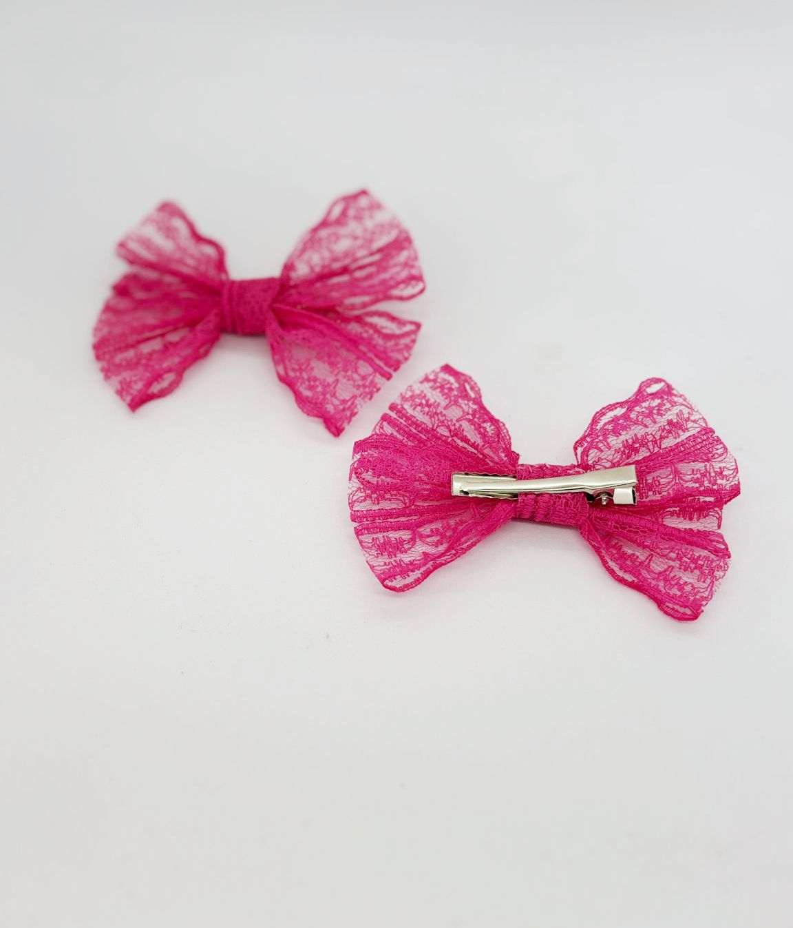 Dantel Serisi -  Fuşya Klipsli Çocuk Fiyonk Toka, 2 Li Set, Dantel Toka, Çocuk Tokaları