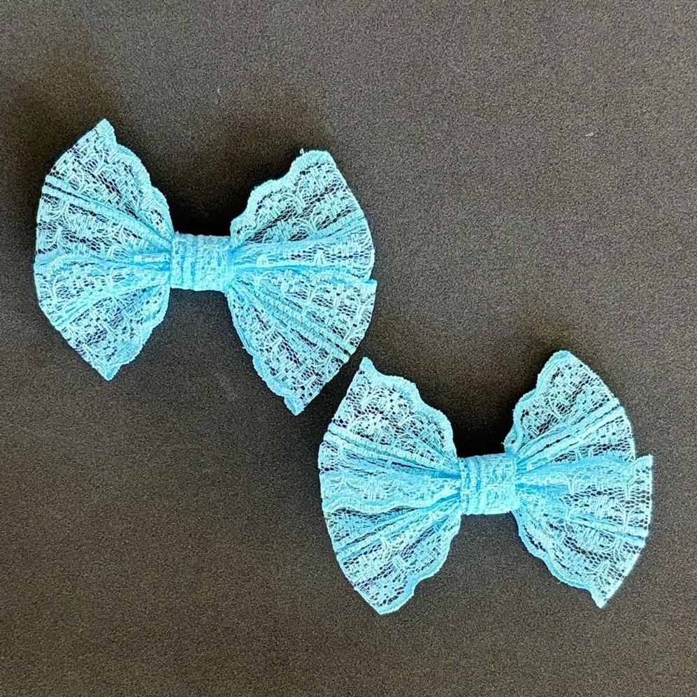 Dantel Serisi -  Gök Mavi Klipsli Çocuk Fiyonk Toka, 2 Li Set, Dantel Toka, Çocuk Tokaları