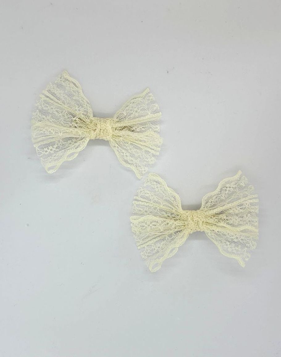 Dantel Serisi -  Krem Klipsli Çocuk Fiyonk Toka, 2 Li Set, Dantel Toka, Çocuk Tokaları