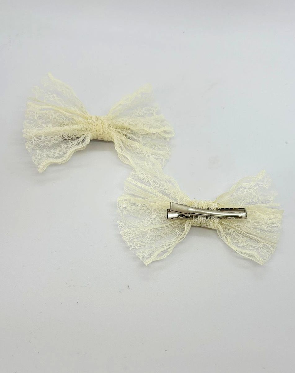 Dantel Serisi -  Krem Klipsli Çocuk Fiyonk Toka, 2 Li Set, Dantel Toka, Çocuk Tokaları