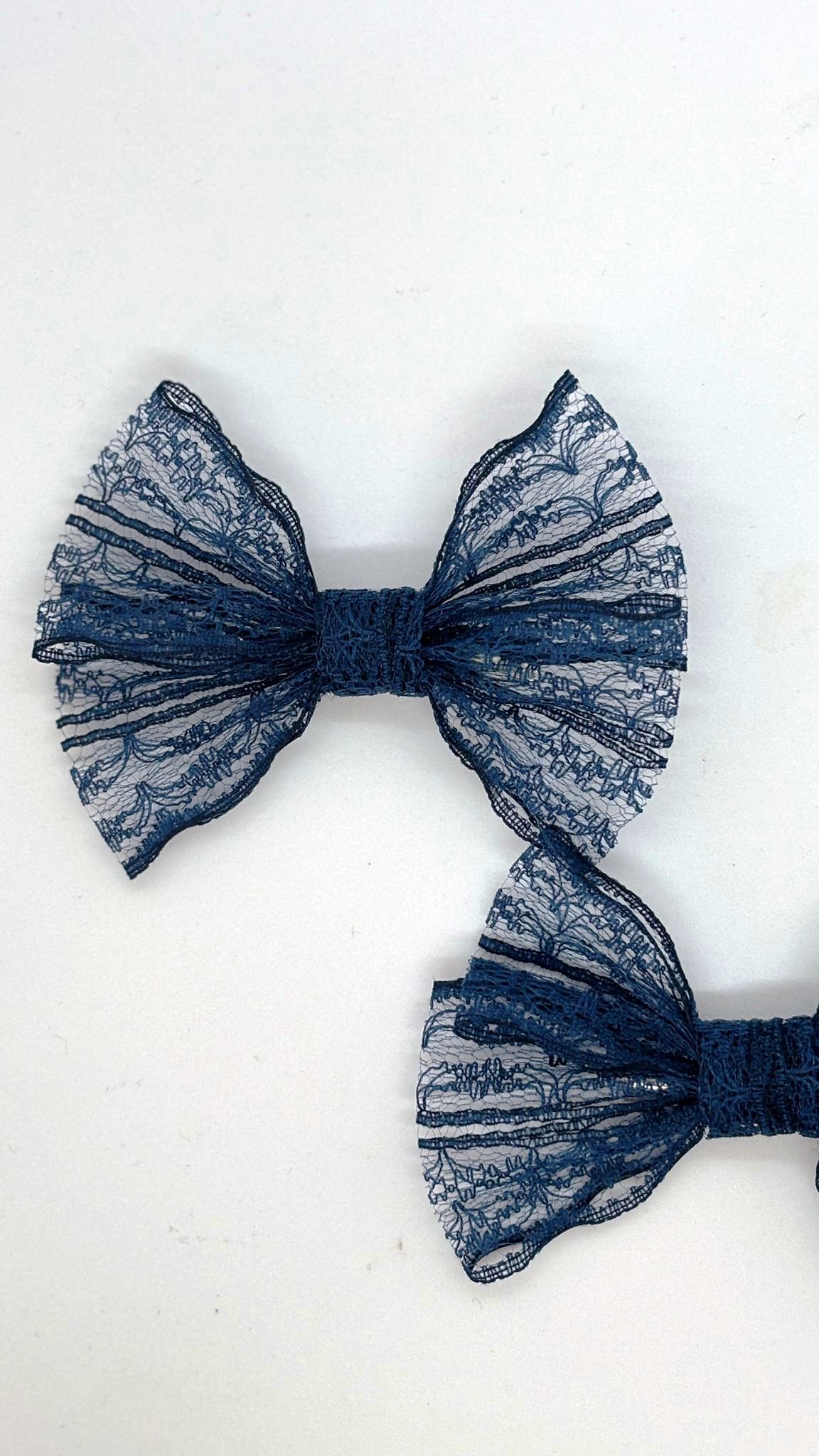 Dantel Serisi -  Lacivert Klipsli Çocuk Fiyonk Toka, 2 Li Set, Dantel Toka, Çocuk Tokaları