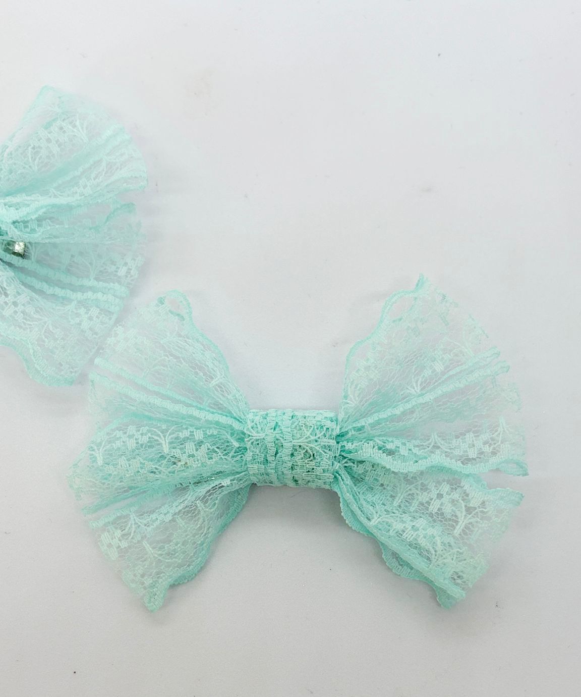 Dantel Serisi -  Mint Yeşili Klipsli Çocuk Fiyonk Toka, 2 Li Set, Dantel Toka, Çocuk Tokaları