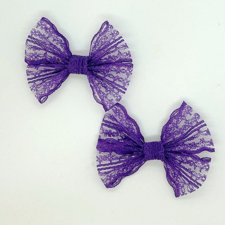 Dantel Serisi -  Mor Klipsli Çocuk Fiyonk Toka, 2 Li Set, Dantel Toka, Çocuk Tokaları