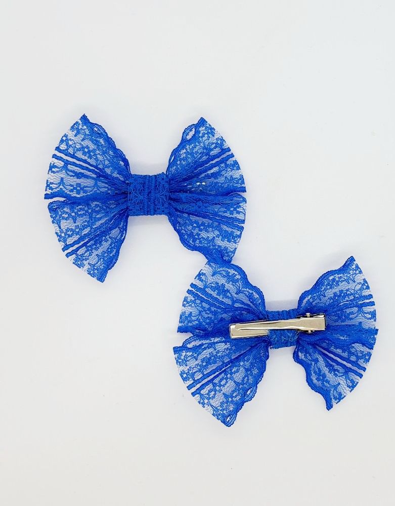 Dantel Serisi -  Saks Mavisi Klipsli Çocuk Fiyonk Toka, 2 Li Set, Dantel Toka, Çocuk Tokaları