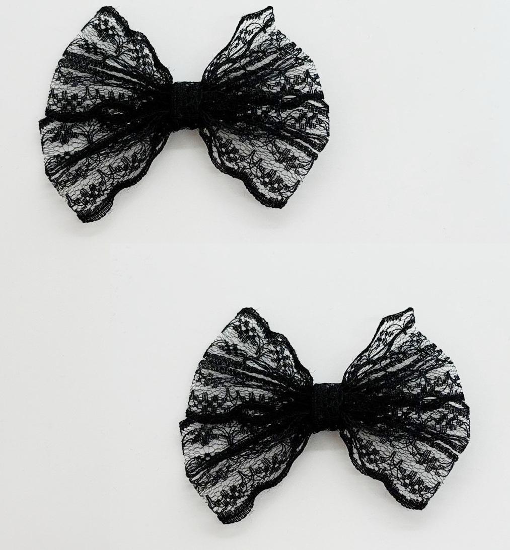 Siyah Timsah Klipsli Çocuk Fiyonk Toka, 2 Li Set, Dantel Serisi