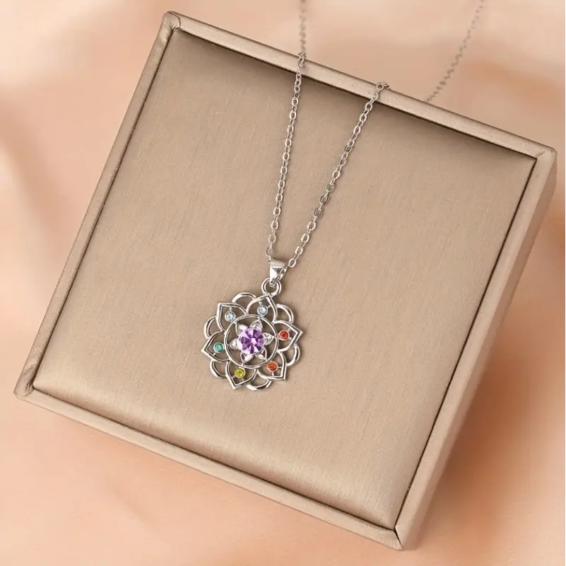 Yedi Çakra Kadın Kolye İnce Desenli Renkli Kristal Kolye