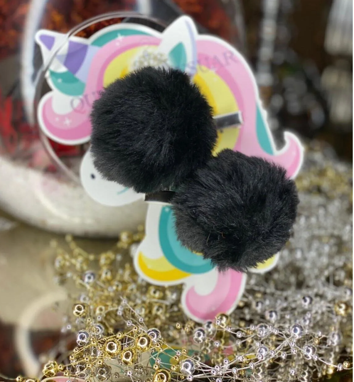 Peluş Tüylü Siyah Büyük Ponpon 2 Li Toka Seti Metal Pens