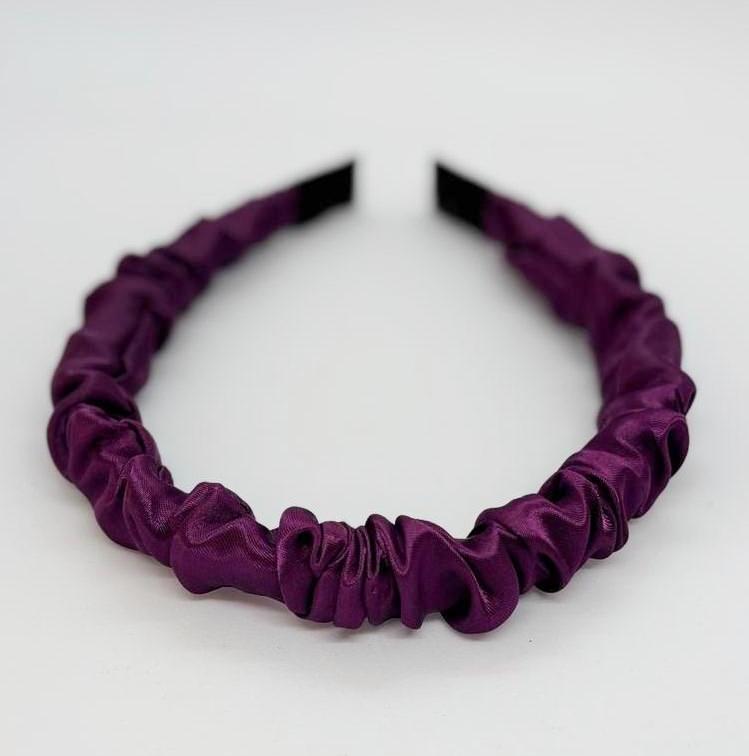 Mürdüm Retro Saten Büzgülü Kadın Taç, Saç Bandı, Saten Taçlar, Büzgülü Taçlar