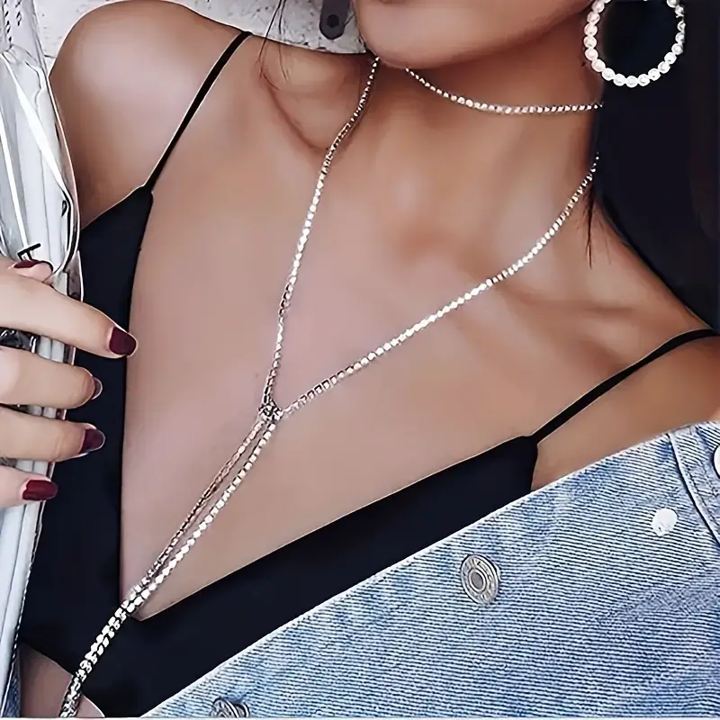 120 Cm Gümüş Renk Zarif Farklı Bağlama Stilleri Choker Boyun Zinciri Rhinestone İşlemeli