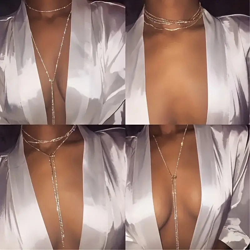 120 Cm Gümüş Renk Zarif Farklı Bağlama Stilleri Choker Boyun Zinciri Rhinestone İşlemeli